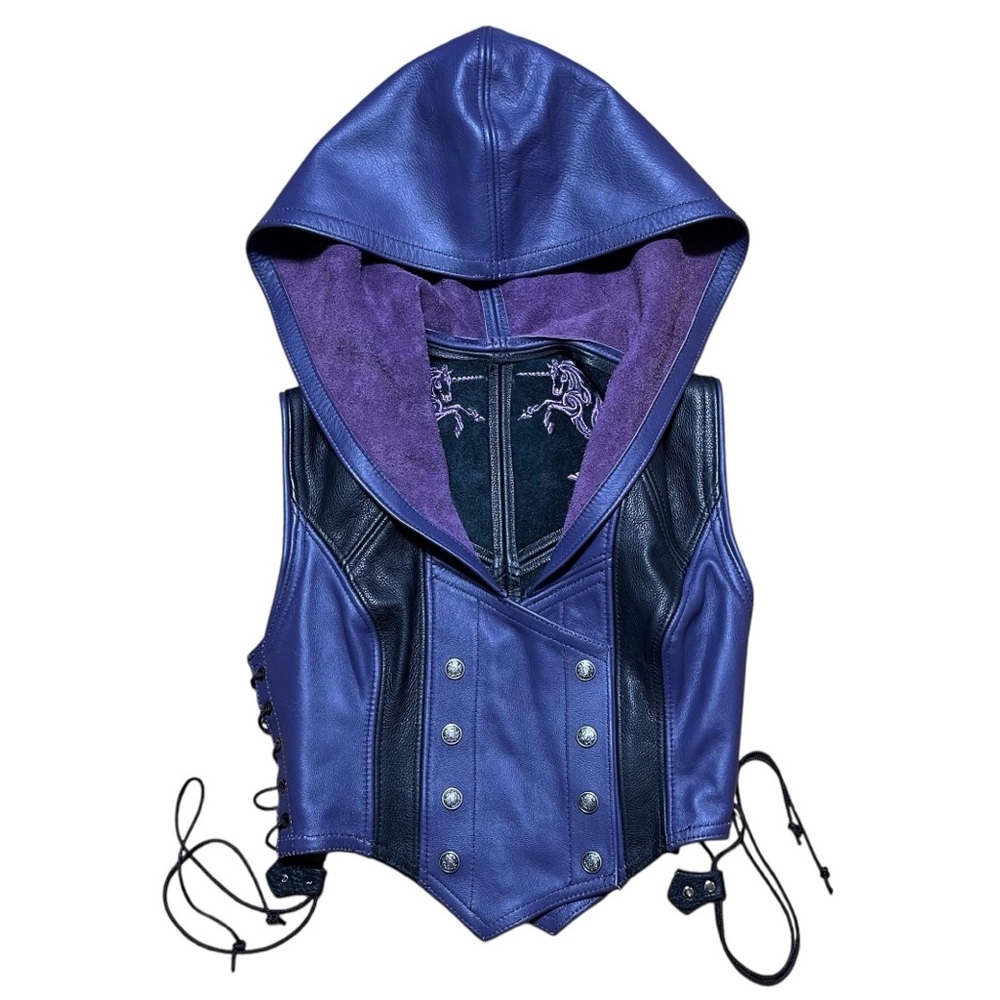 Ravenswood Leather Wm’s Purple and Black Hooded Leather Vest Bodice Sz XS